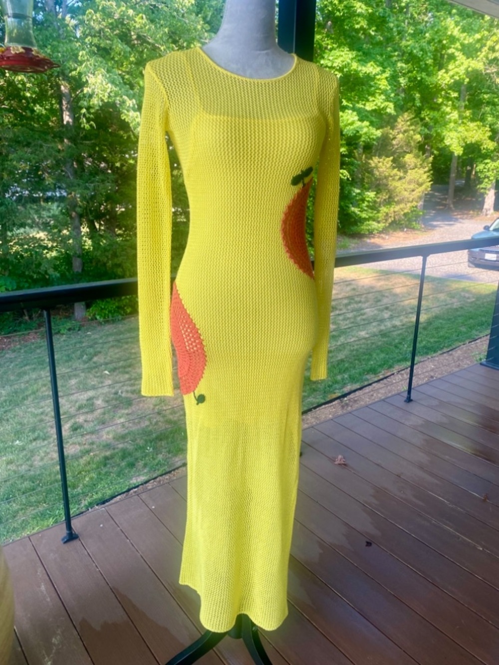 STAUD Bright Yellow Mesh/Fishnet Long-Sleeve Dress, with crochet Graphic